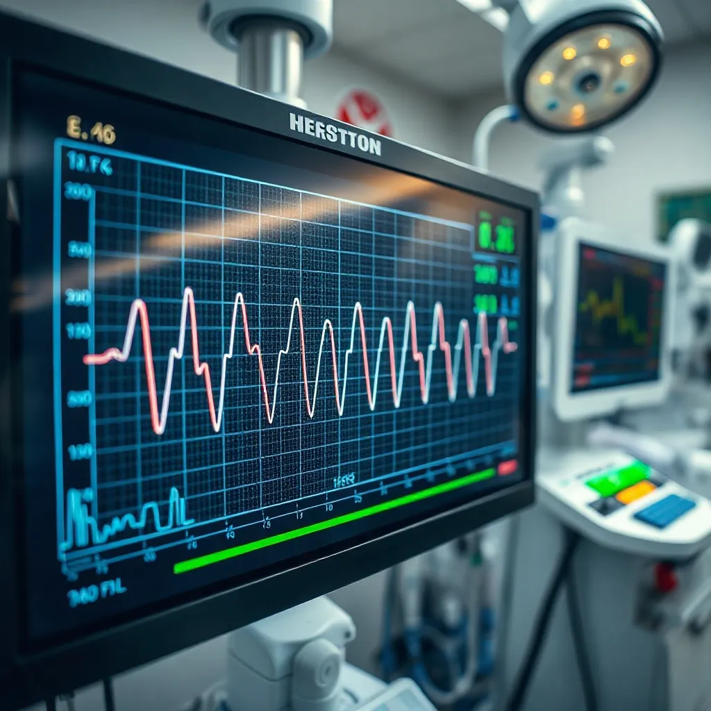 High-tech medical monitor displaying complex EKG waveforms w