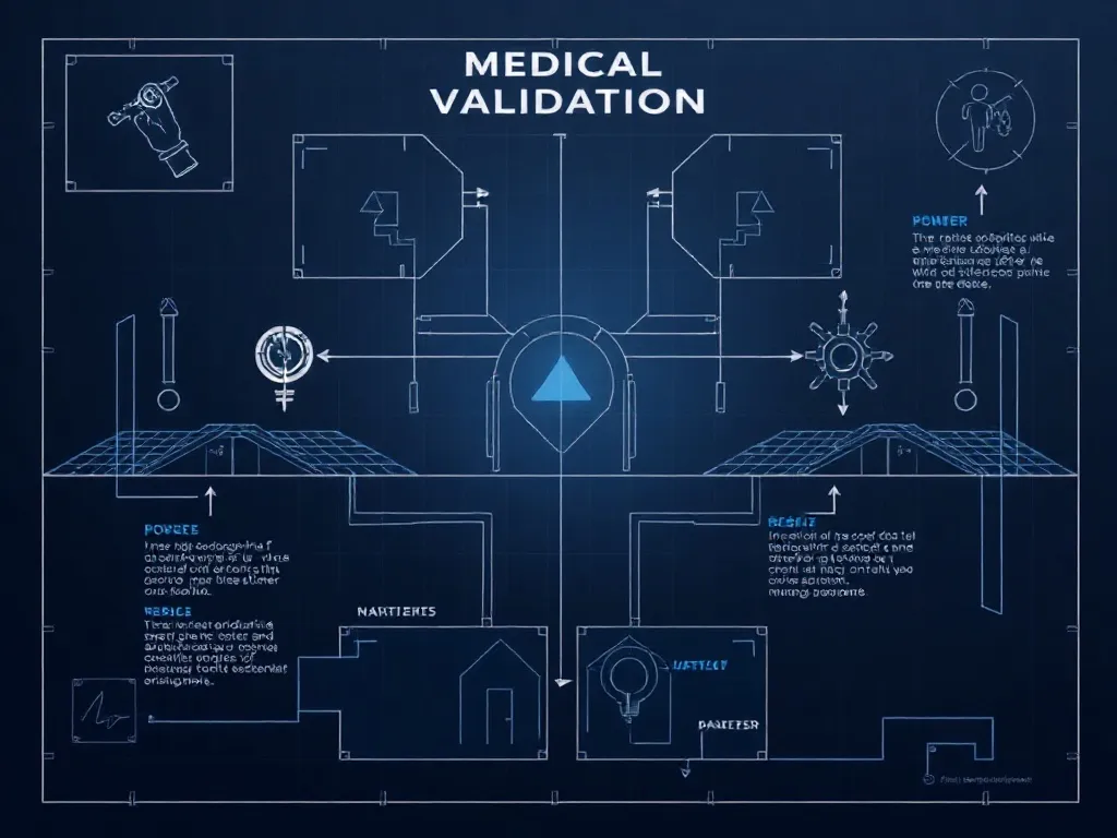 Abstract technical blueprint of medical validation process,